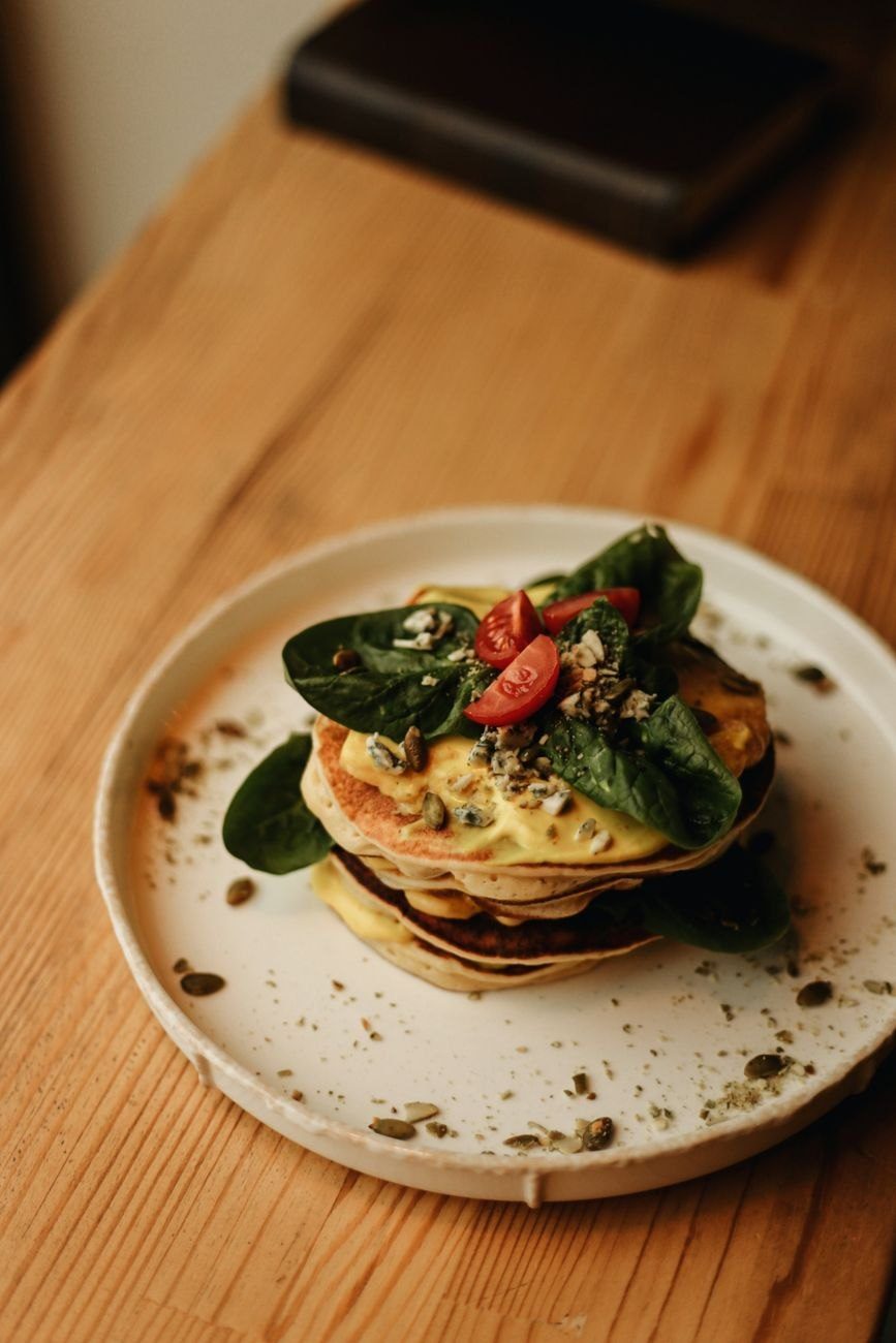 Stacked Pancakes with Cheese Spinach Cherry Tomatoes jigsaw puzzle